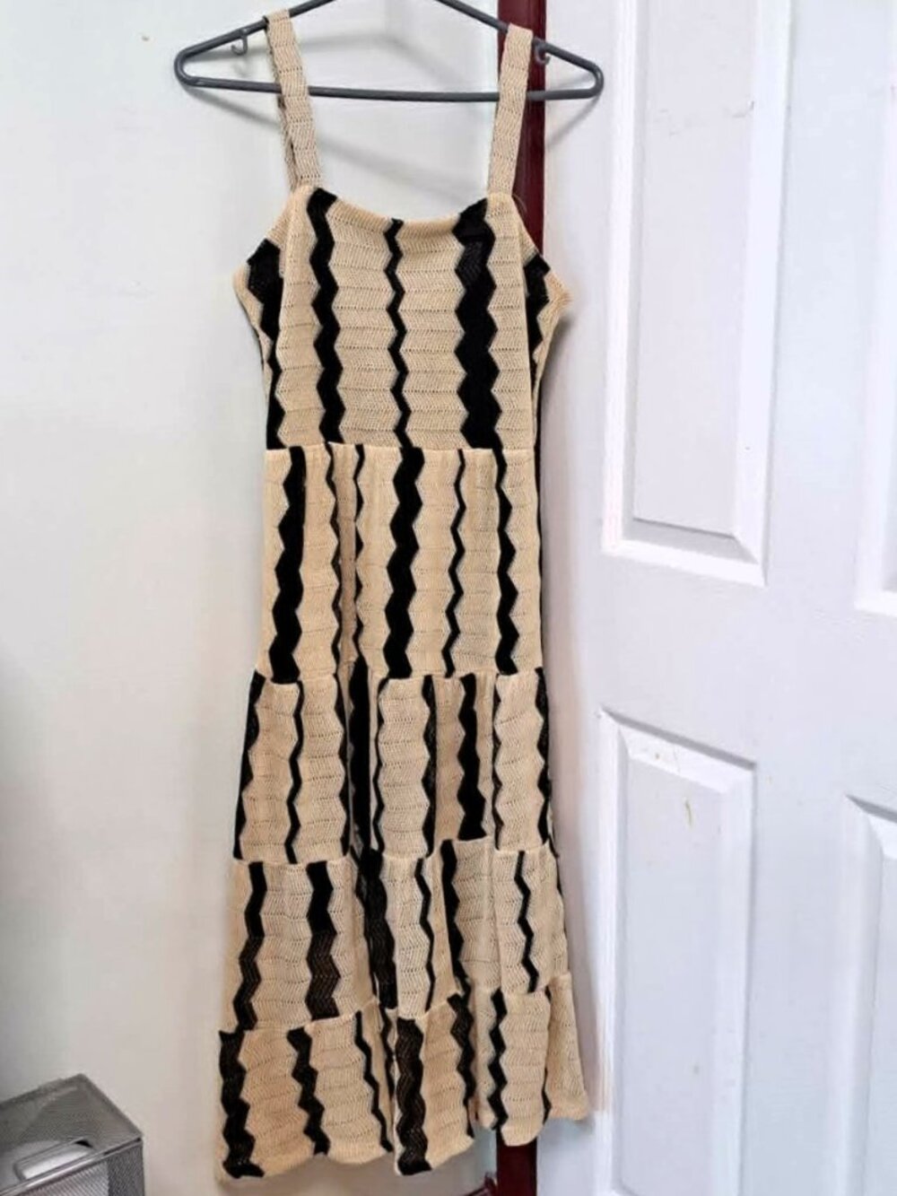 Zara Open-Knit Crochet Chevron Tiered Midi Dress Oatmeal Beige Black